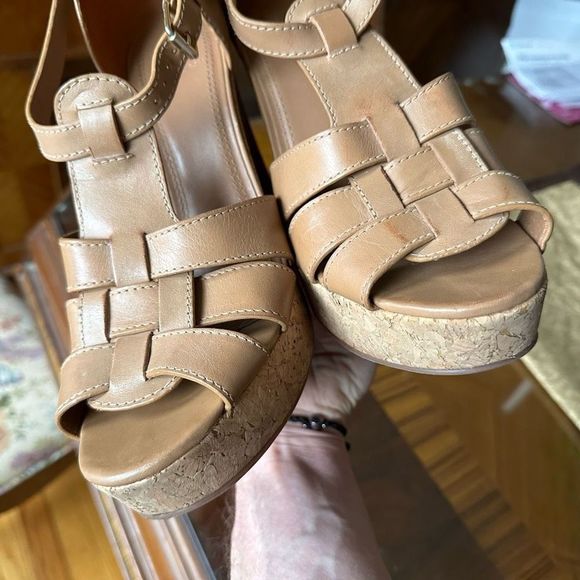 Tory Burch Leather Wedge Strappy Slingback Sandals Cork - Picture 1 of 9